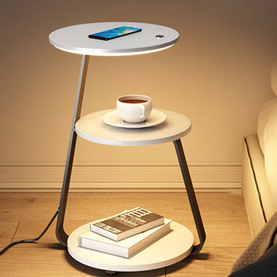 Table de chevet contemporaine nordique ronde en noyer et marbre avec fer, charge sans fil pour téléphone mobile, 2 niveaux pour le chevet 