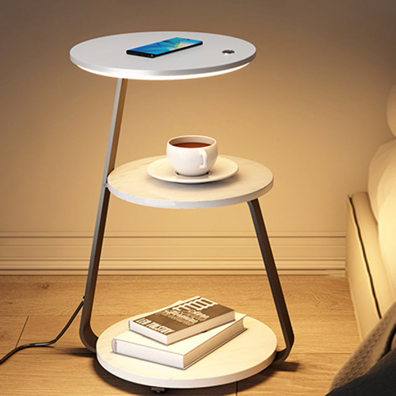 Table de chevet contemporaine nordique ronde en noyer et marbre avec fer, charge sans fil pour téléphone mobile, 2 niveaux pour le chevet 