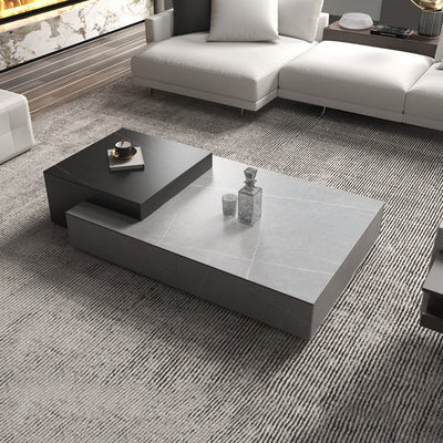 Mesa de café de madera rectangular cuadrada minimalista moderna con placa de piedra y 4 cajones para sala de estar 
