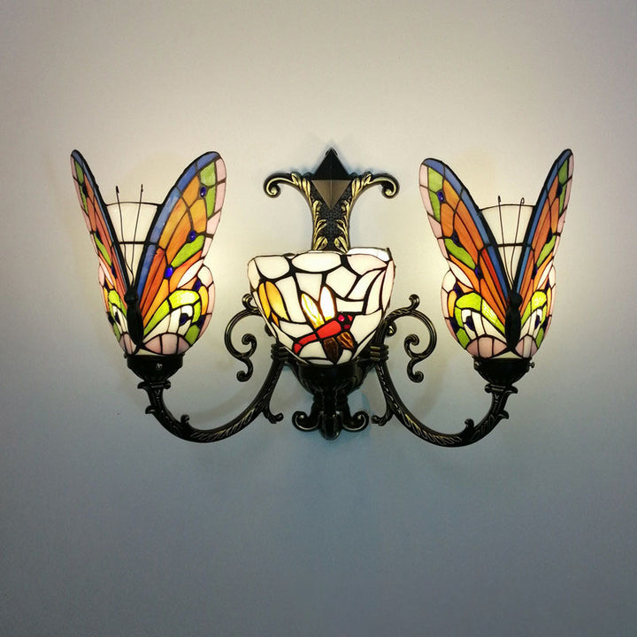 Traditional Tiffany European Butterfly Alloy Iron Glass 3-Light Wall Sconce Lamp For Hallway