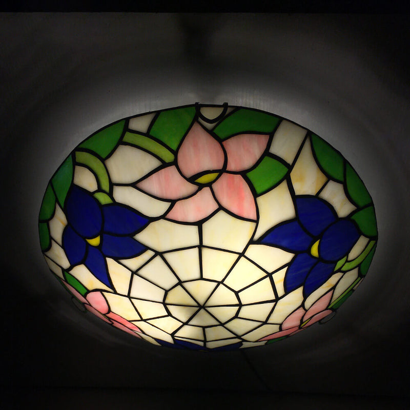 Traditional Tiffany Round Shell Bead Stained Glass 2-Light Flush Mount Ceiling Light For Hallway