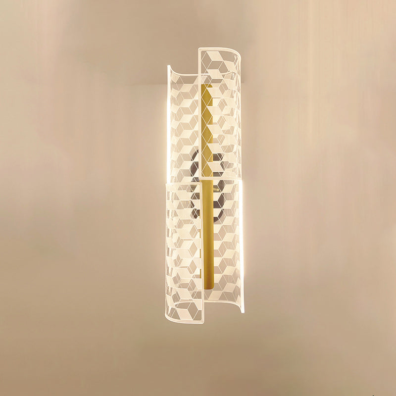 Lámpara de aplique de pared LED de lujo moderno de hierro acrílico con columna esqueletonizada y línea de rombos para pasillo 
