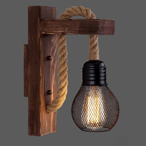 Lámpara de Aplique de Pared de 1 Luz con Colgante Cúbico de Vidrio de Hierro con Cuerda de Cáñamo de Madera Industrial Contemporánea para Pasillo 