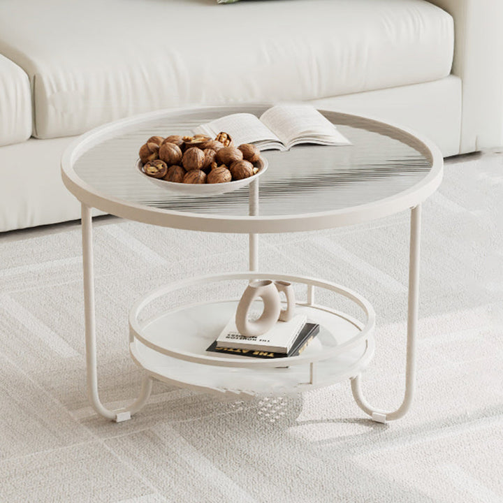 Table basse ronde en verre strié à la simplicité moderne, à deux niveaux, pour le salon 