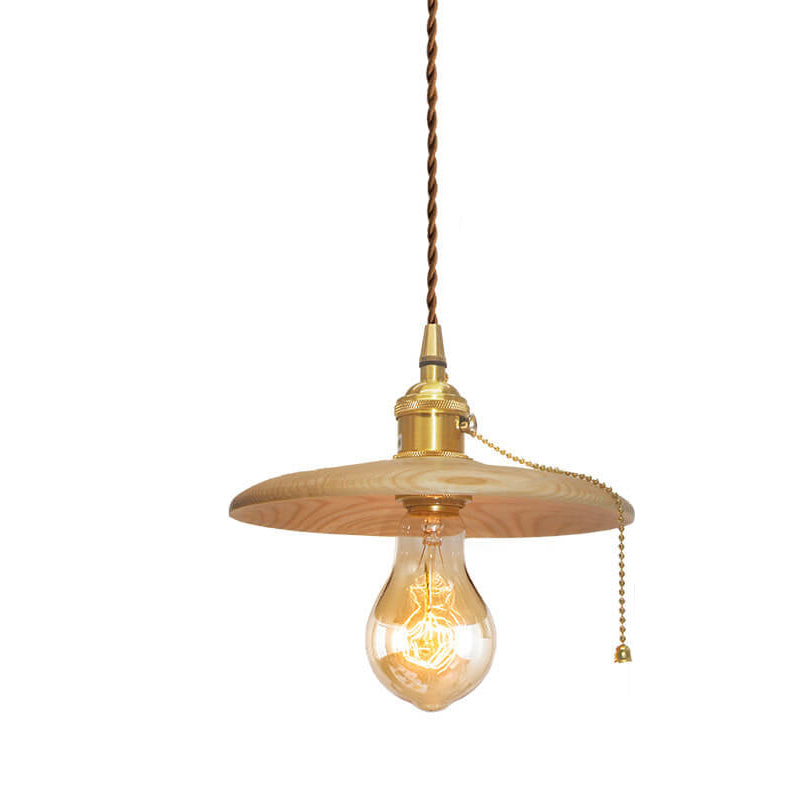 Contemporary Retro Ash Wood Copper Round Dish Irregular Grain 1-Light Pendant Light For Dining Room