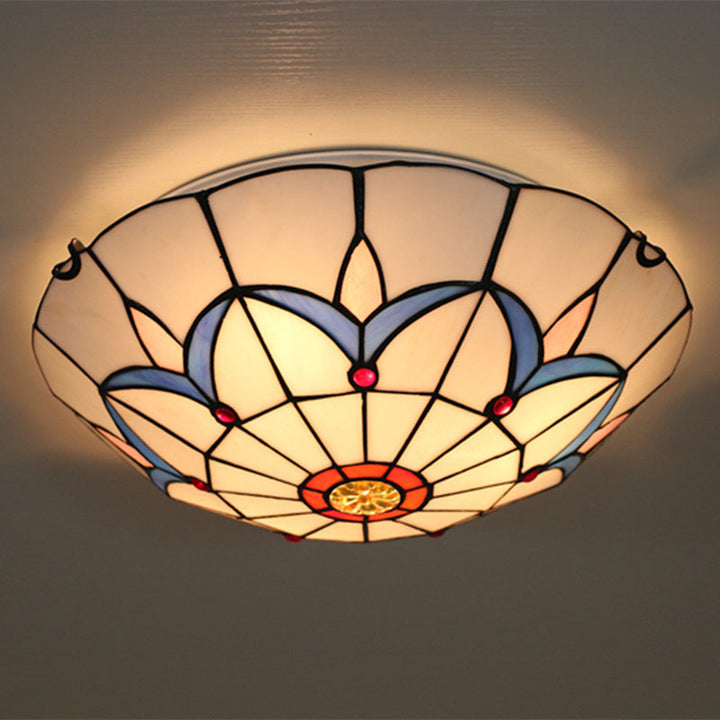 Traditionelle Tiffany Mittelmeer Runde Buntglas 3-Licht Unterputz Deckenleuchte für Wohnzimmer 