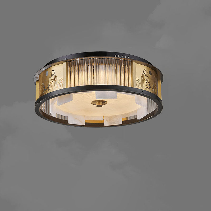 Traditional Chinese Marble Stainless Steel Copper Glass Rods Marble Round LED Flush Mount Ceiling Light For Living Room
