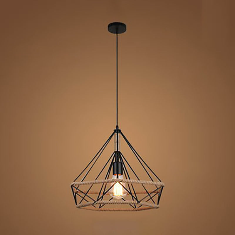 Luz colgante de 1 luz con hoja de sakura de diamante de vegetación simulada de cuerda de cáñamo de hierro retro contemporáneo para comedor 