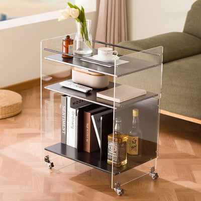 Table d'appoint rectangulaire en bois et acrylique de simplicité moderne avec étagères de rangement à 3 niveaux pour le salon 
