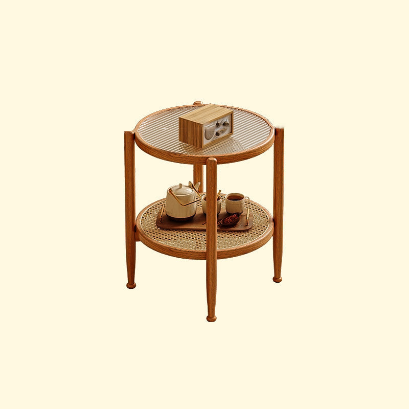 Traditional Japanese Round Glass Faux Rattan Rubberwood End Table 2-Tier For Living Room