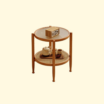 Traditioneller japanischer runder Glastisch aus Rattan und massivem Holz mit 2 Ebenen für das Wohnzimmer 