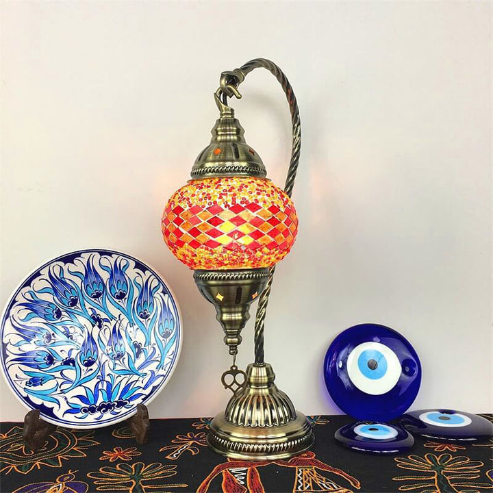 Traditional Vintage Handmade Stained Glass Metal Jar Swan 1-Light Table Lamp for Living Room