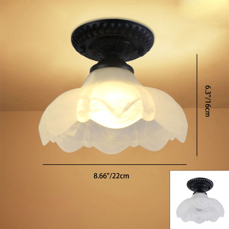 Plafonnier semi-encastré à 1 lumière en verre et fer rond à fleurs rétro contemporain pour couloir 