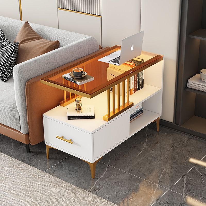 Rechteckiger Beistelltisch im zeitgenössisch-schlichten Design mit Glasplatte, 2-stufigem MDF-Schrank für das Wohnzimmer 