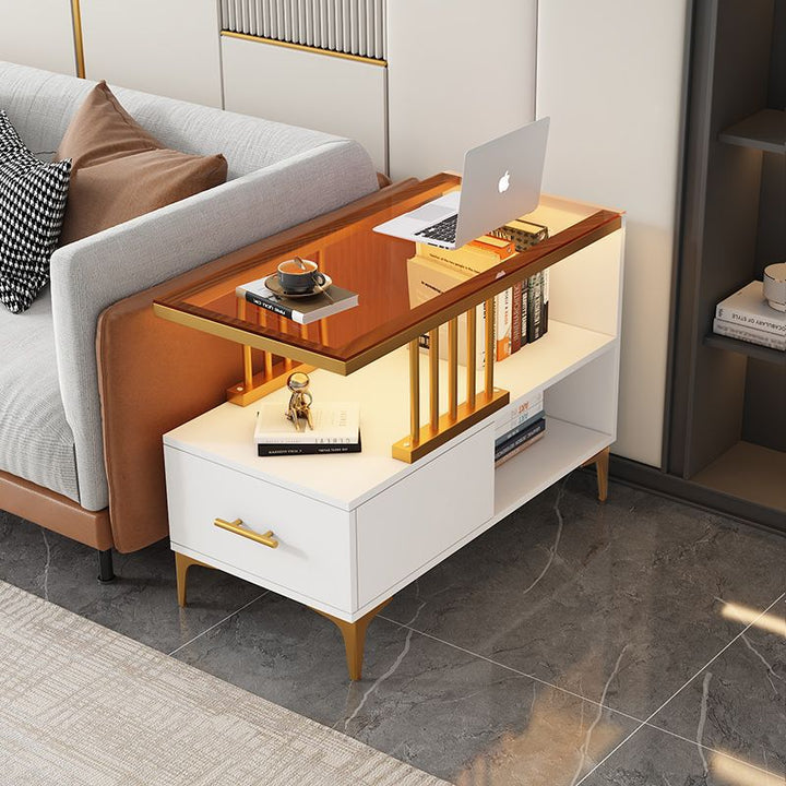 Rechteckiger Beistelltisch im zeitgenössisch-schlichten Design mit Glasplatte, 2-stufigem MDF-Schrank für das Wohnzimmer 
