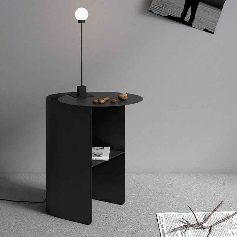 Mesa Auxiliar Moderna Minimalista Redonda Rectangular en Forma de T de Hierro y Acero Inoxidable con 1 Almacenamiento para Dormitorio 