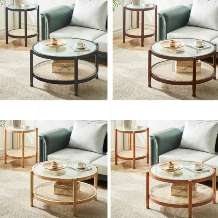 Modern Minimalist Round Horizontal Strip Glass Plastic Rattan Rubberwood Coffee Table 2-Tier For Living Room