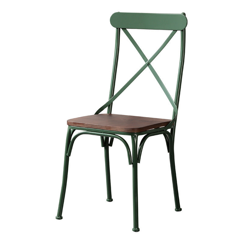 Ensemble de chaises et table de salle à manger en cuir industriel contemporain, bois, fer, avec dossier en forme de X pour salle à manger 