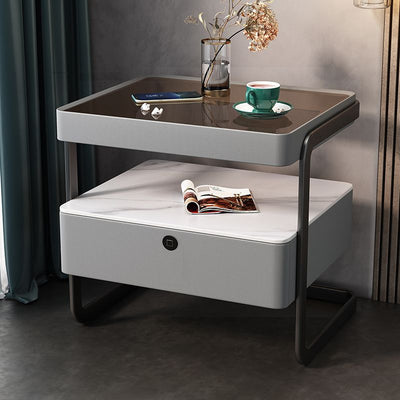 Table de nuit moderne minimaliste rectangulaire en verre trempé avec serrure et 1 tiroir pour chambre 