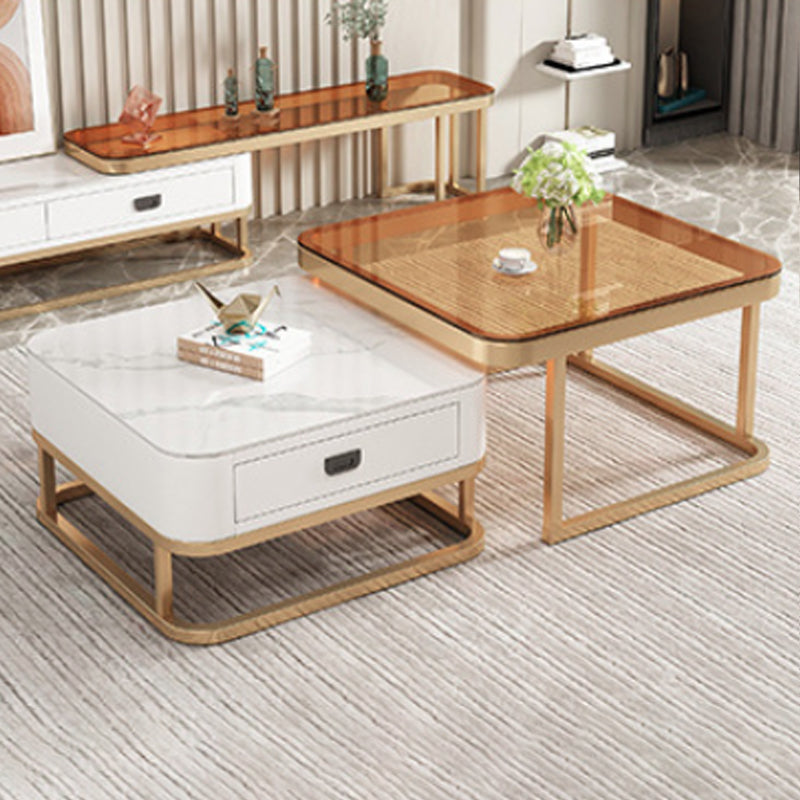 Modern Minimalist Square Rock Slab Glass Carbon Steel Faux Leather MDF Combination Coffee Table 1-Drawer For Living Room