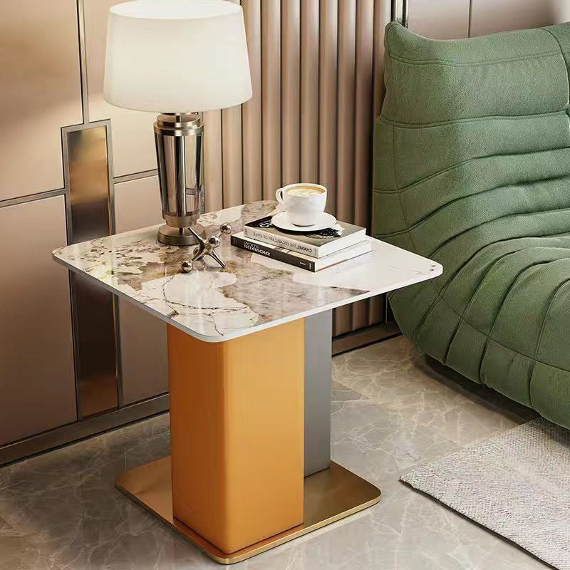 Contemporary Scandinavian Square Column Slate Microfiber Leather Wood Carbon Steel End Table For Living Room