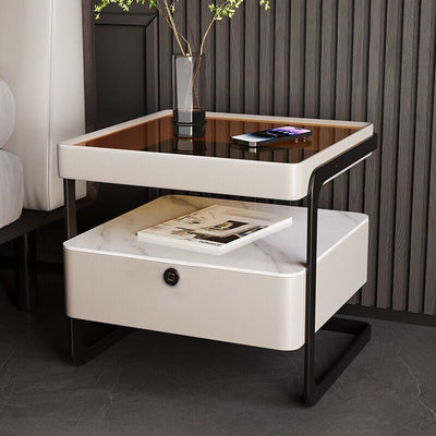 Table de nuit moderne minimaliste rectangulaire en verre renforcé avec dalle de roche et fer, 1 tiroir pour chambre à coucher 