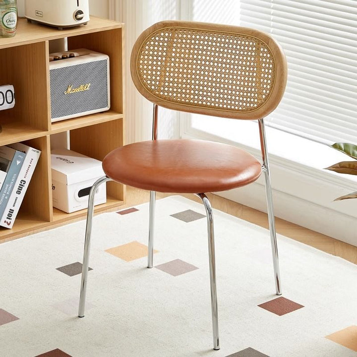 Contemporary Vintage Round Rectangular Rubberwood Plywood Iron Faux Leather PE Rattan Dining Chair Backrest For Dining Room