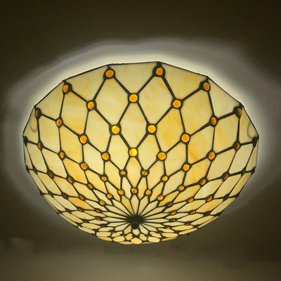 Traditional Tiffany Round Shell Bead Stained Glass 2-Light Flush Mount Ceiling Light For Hallway