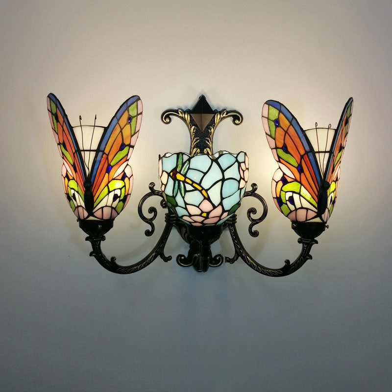 Traditional Tiffany European Butterfly Alloy Iron Glass 3-Light Wall Sconce Lamp For Hallway