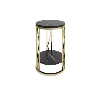 Mesa de Centro Moderna de Lujo Redonda con Tapa de Hierro y Estante de Roca para Sala de Estar 
