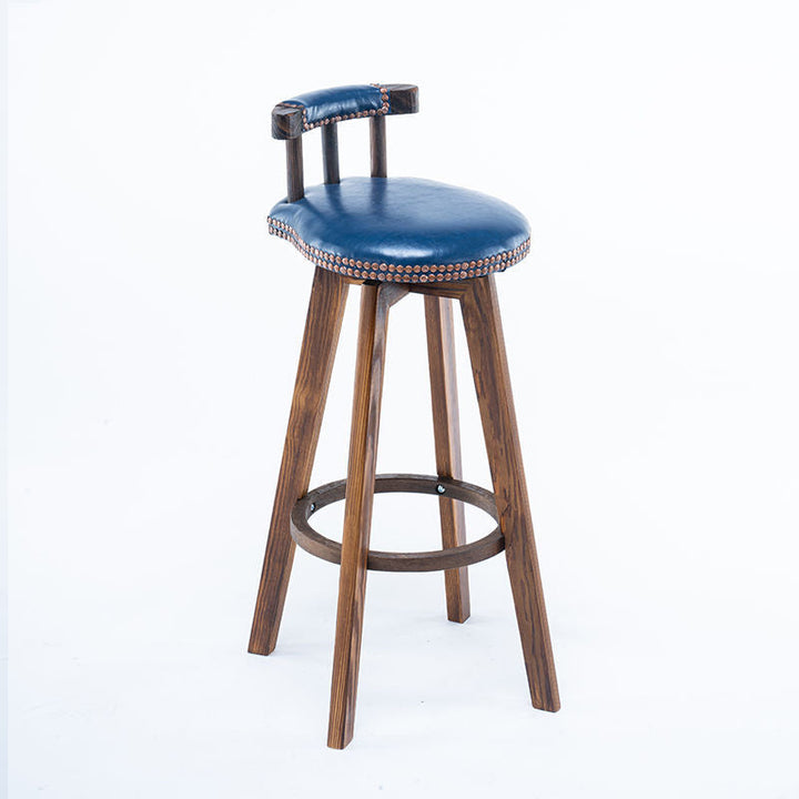 Tabouret de bar pivotant contemporain rétro rond en similicuir avec pieds en bois, dossier bas et repose-pieds pour salle à manger 