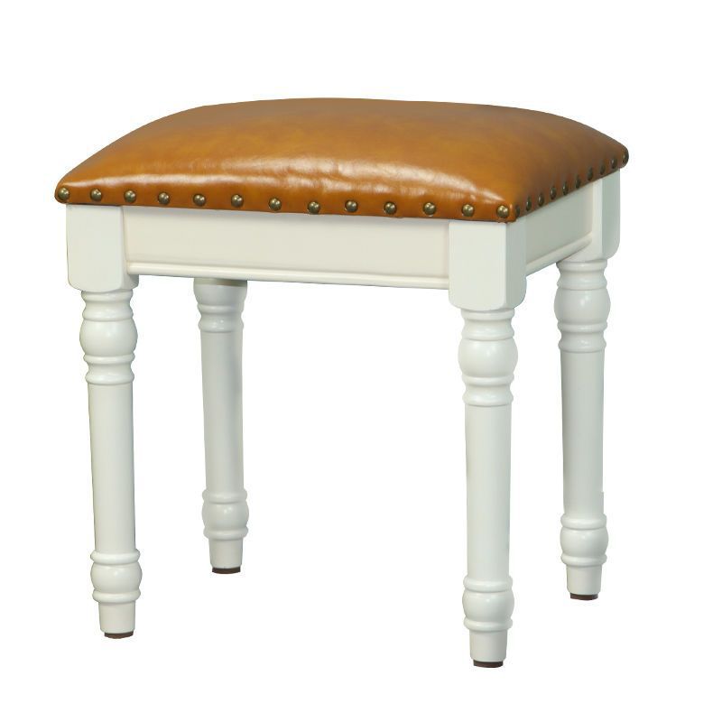 Tabouret de coiffeuse sans dossier ni accoudoirs en bois massif, cuir synthétique et lin carré scandinave contemporain pour chambre 