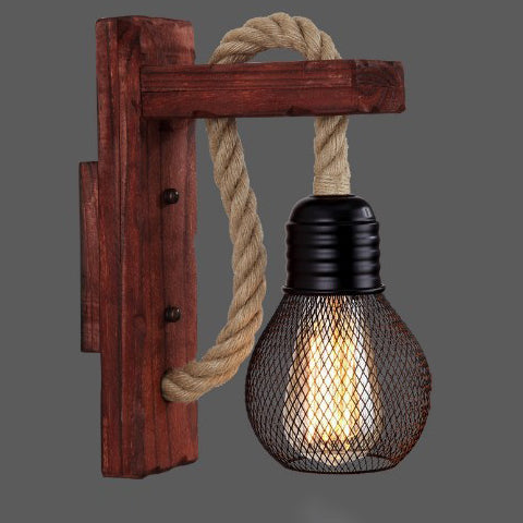 Lámpara de Aplique de Pared de 1 Luz con Colgante Cúbico de Vidrio de Hierro con Cuerda de Cáñamo de Madera Industrial Contemporánea para Pasillo 