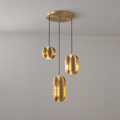 Traditional Chinese Copper Glass Cylinder Elliptical Hollow 1/3/6 Light Chandelier For Entryway