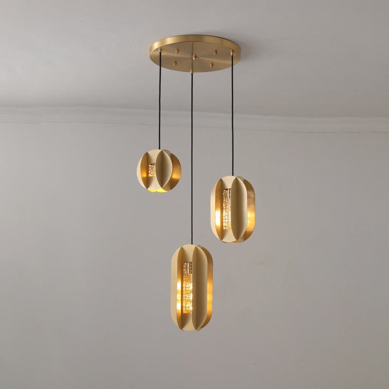 Traditional Chinese Copper Glass Cylinder Elliptical Hollow 1/3/6 Light Chandelier For Entryway