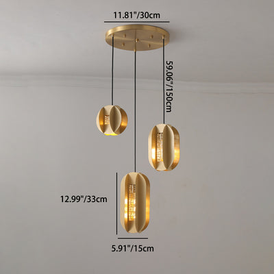 Traditional Chinese Copper Glass Cylinder Elliptical Hollow 1/3/6 Light Chandelier For Entryway