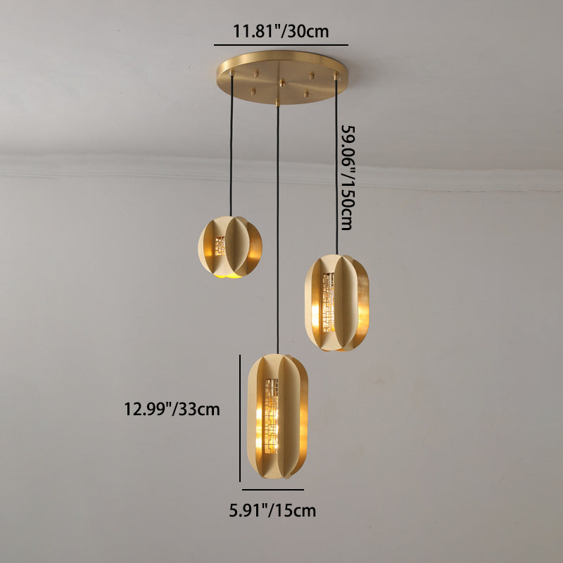 Traditional Chinese Copper Glass Cylinder Elliptical Hollow 1/3/6 Light Chandelier For Entryway