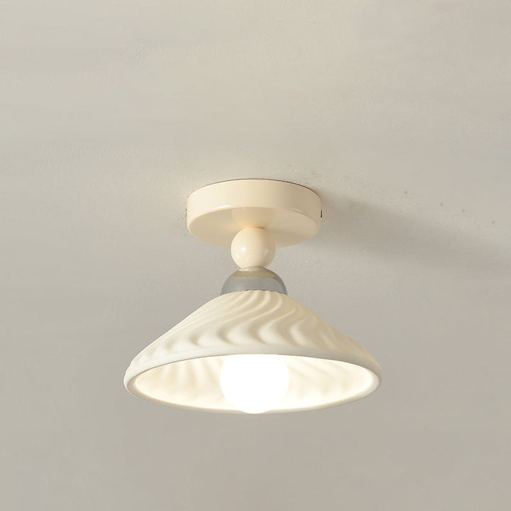 Luz de techo semiempotrada de 1 luz con pantalla redonda geométrica de cerámica crema contemporánea escandinava para sala de estar 