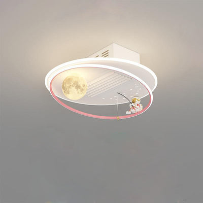 Contemporary Creative Acrylic Astronaut Moon LED Kids Flush Mount Ceiling Invisible Bladeless Fan Light For Bedroom