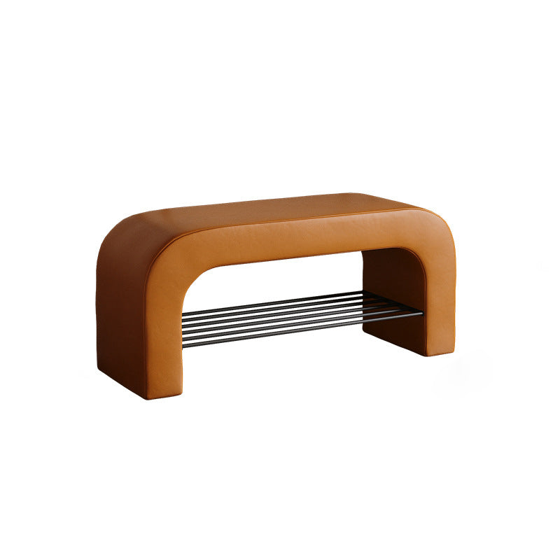 Banc de rangement moderne minimaliste en agneau rectangulaire long en cuir PU avec fer, 1 étagère pour les entrées 