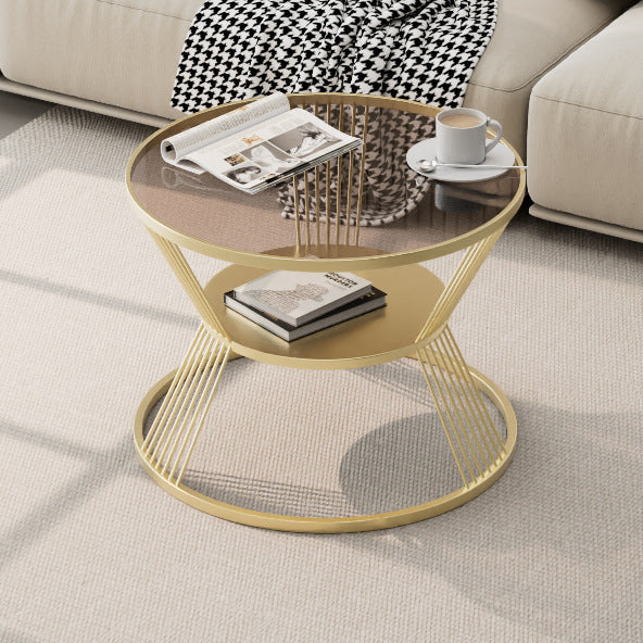 Mesa de café moderna minimalista redonda en forma de reloj de arena de vidrio y hierro de 2 niveles para sala de estar 