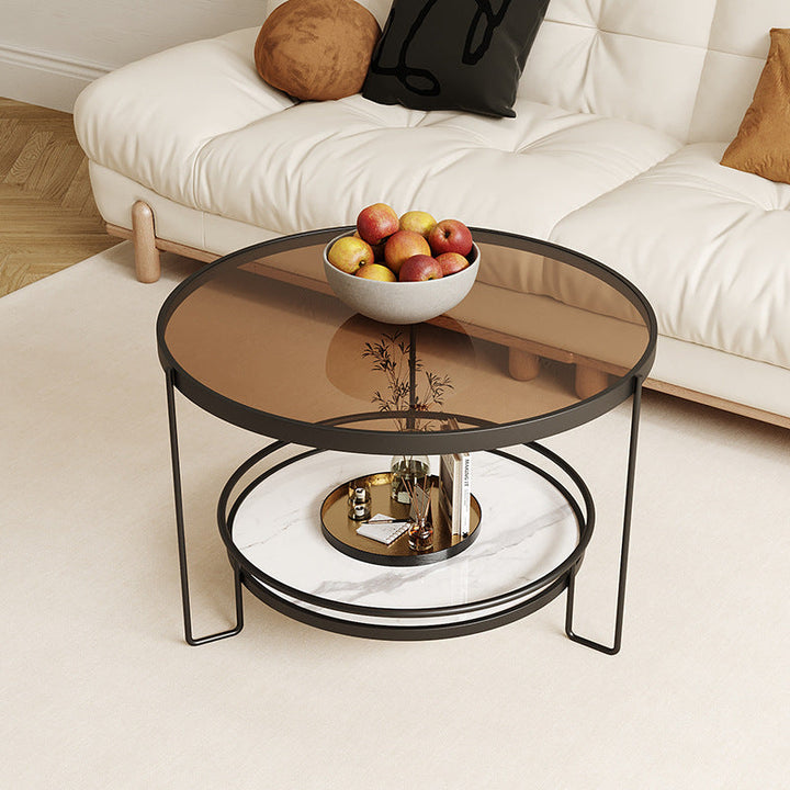 Table basse ronde minimaliste moderne en verre écologique à 2 niveaux en fer pour salon 