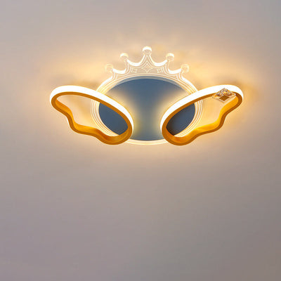 Modern Art Deco Butterfly Crown Round Acrylic Iron LED Flush Mount Ceiling Light For Bedroom
