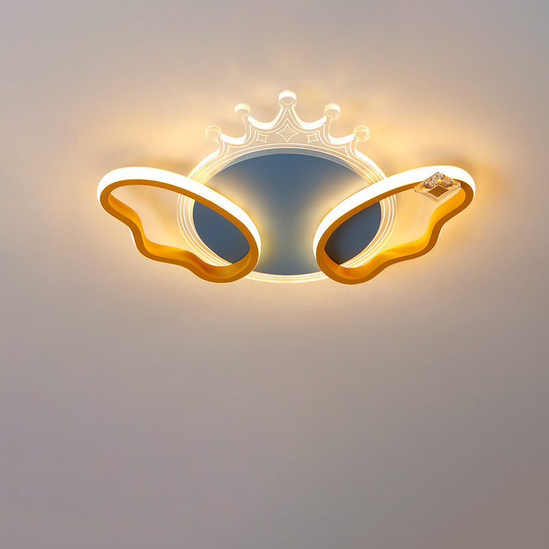 Modern Art Deco Butterfly Crown Round Acrylic Iron LED Flush Mount Ceiling Light For Bedroom