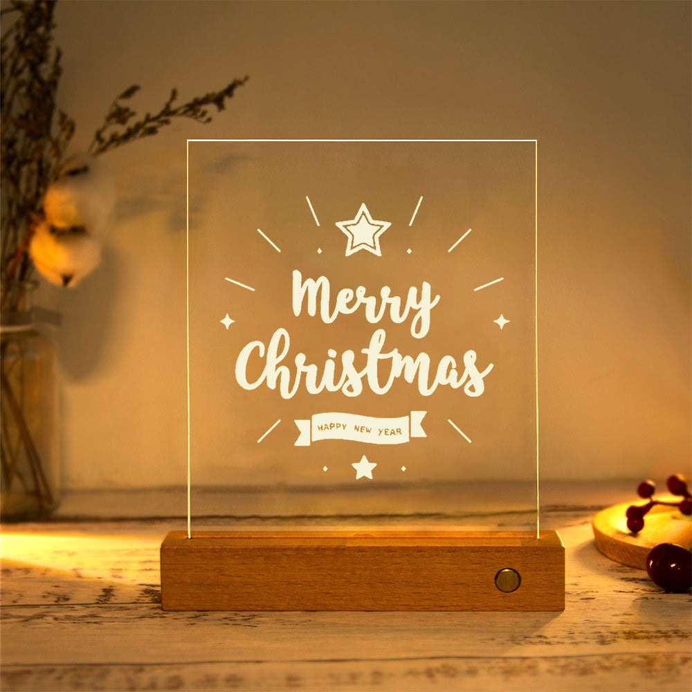 Moderne Weihnachtsrechteckige Acrylplatte Massivholz USB LED Tischlampe 