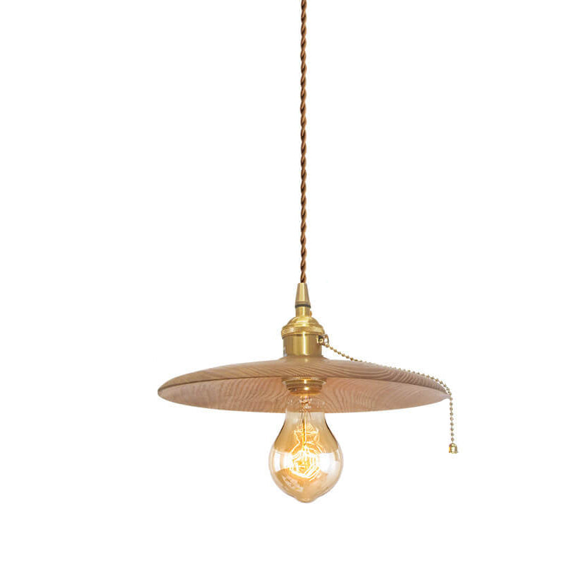 Contemporary Retro Ash Wood Copper Round Dish Irregular Grain 1-Light Pendant Light For Dining Room