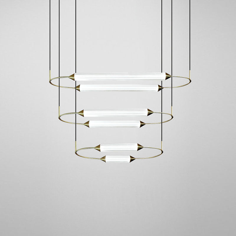 Zeitgenössische industrielle Streifen elliptische Eisen Glas LED Pendelleuchte für Esszimmer 