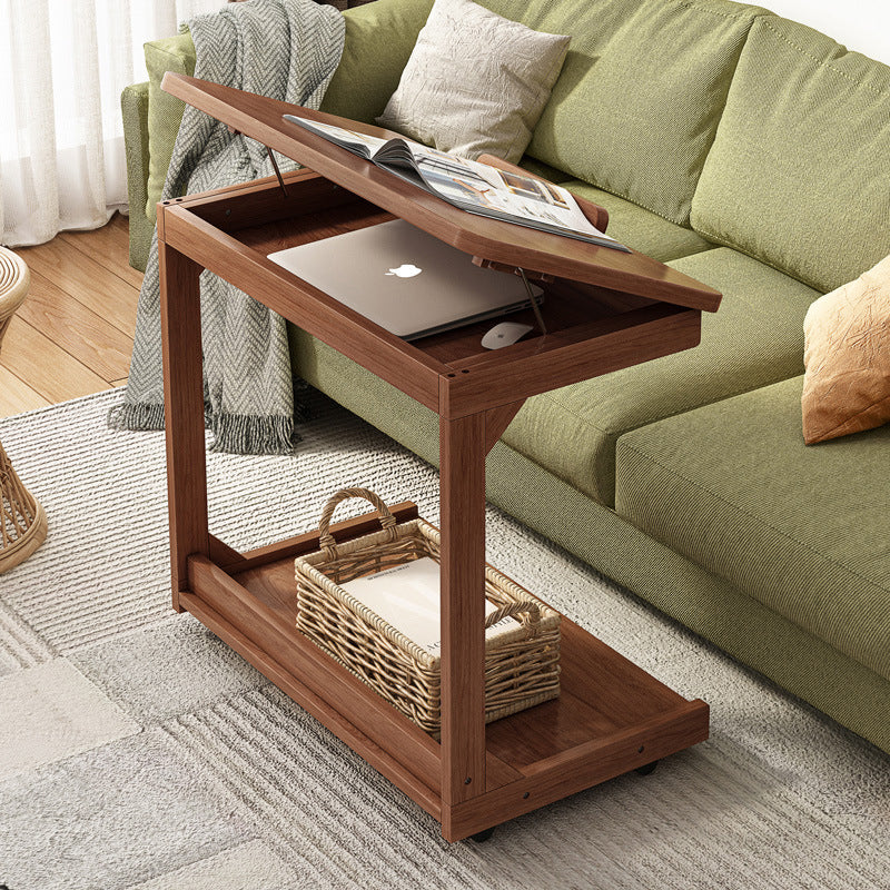 Traditional Vintage Square MDF Rubberwood Flip-top Side Table 2-Tier Storage Shelves For Living Room