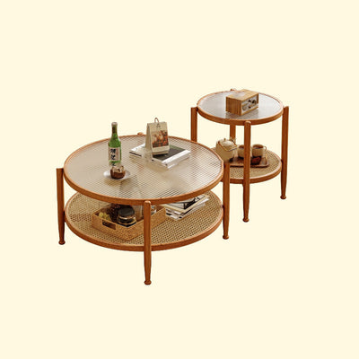 Traditioneller japanischer runder Glastisch aus Rattan und massivem Holz mit 2 Ebenen für das Wohnzimmer 