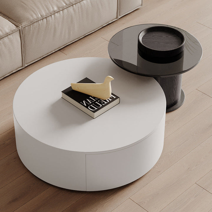 Modern Minimalist Round Plywood Metal Glass Coffee Table Set 2-Drawer For Living Room
